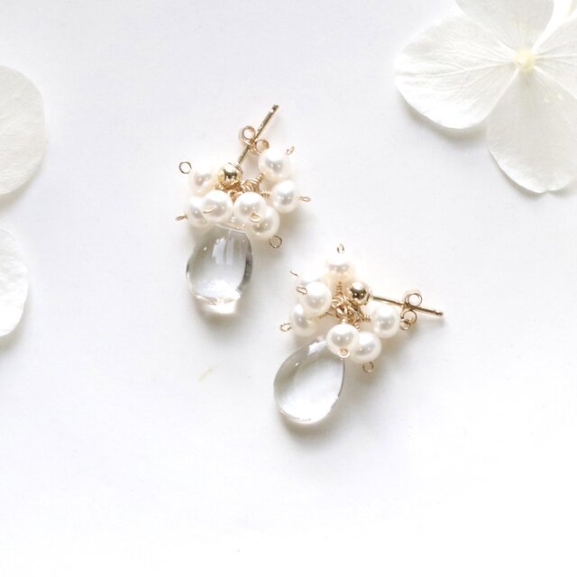 クリスタルクォーツ × 淡水パール 雫ピアス（イヤリング） 14Kgf