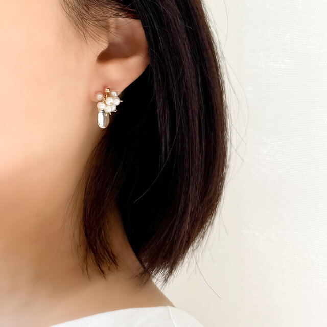 クリスタルクォーツ × 淡水パール 雫ピアス（イヤリング） 14Kgf