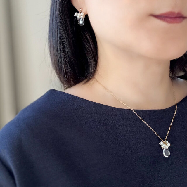 クリスタルクォーツ × 淡水パール 雫ピアス（イヤリング） 14Kgf