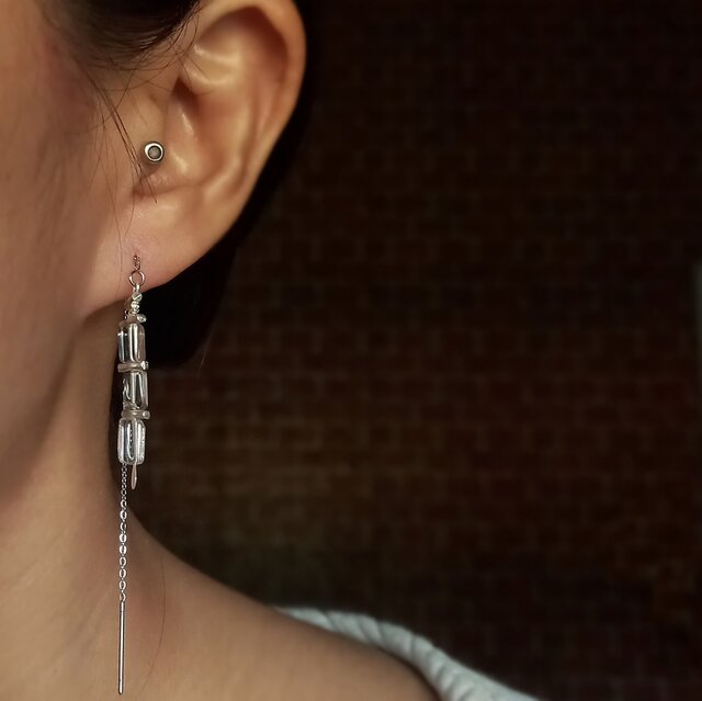 【J431】ヴィンテージ　スモーキークォーツ　シルバー　フックピアス 大粒スモーキークォーツのコンケーブペアシェイプカットピアス
