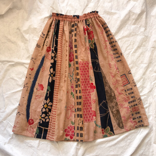 柿渋染め　手ぬぐいリメイク　短冊スカート　ギャザースカート
