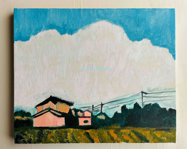 絵画「稲刈り後の田園風景２」F8・油彩・原画 - 絵画