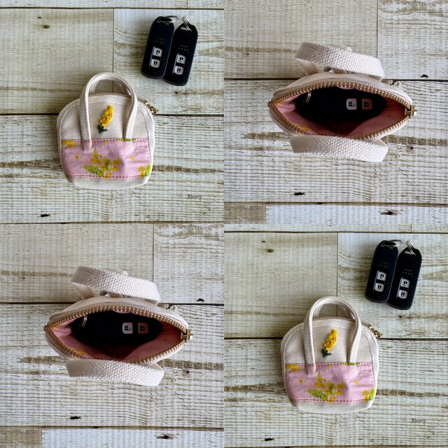 手刺繍】大人かわいいミモザ柄の手のひらサイズポーチ 手刺繍 国産帆布