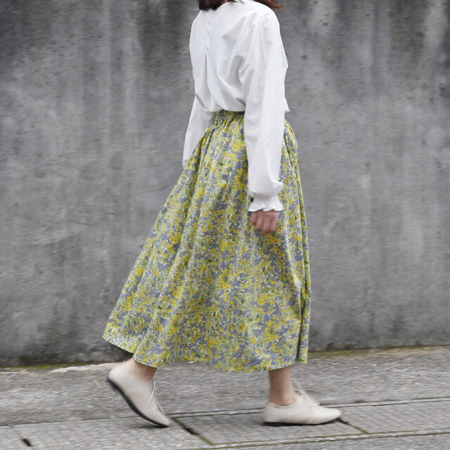 即納】ミモザ フラワープリント（グレー）コットンギャザースカート 春