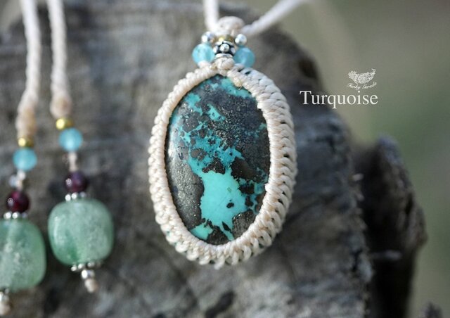 銀の地図☆パイライト☆ペルシャンターコイズ マクラメネックレス1491