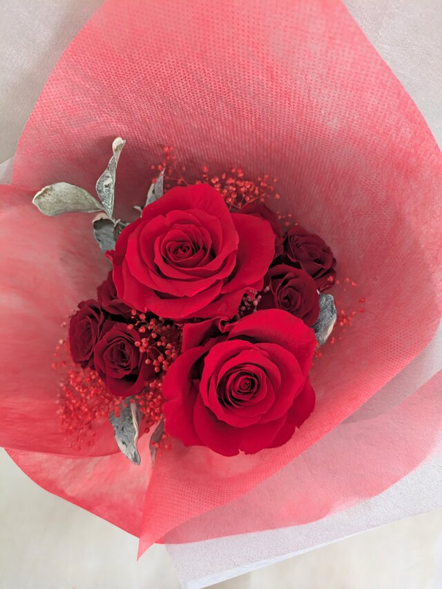 プリザーブドフラワー大輪の赤い薔薇とミニ薔薇とかすみ草のふんわり