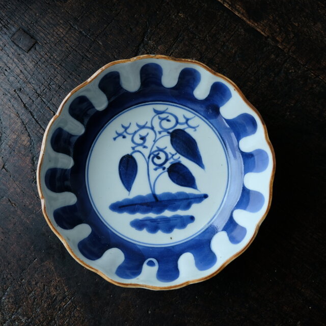 見込みにリーフ◆伊万里　草文染付膾皿　器　骨董/antiques 丁寧な暮らしに。江戸末期