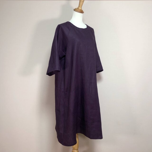 カラーリネン◆DONラグランワンピース　七分袖◆グレープ◆M・Ⅼ・LL（中厚、リネン100％）