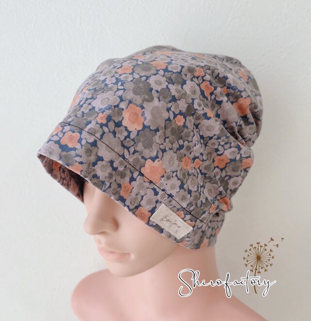 おしゃれでかわいいハンドメイド帽子《minnetto(ミネット)ネイビー✖️グレー》医療用帽子　ケア帽子　カフェ帽子