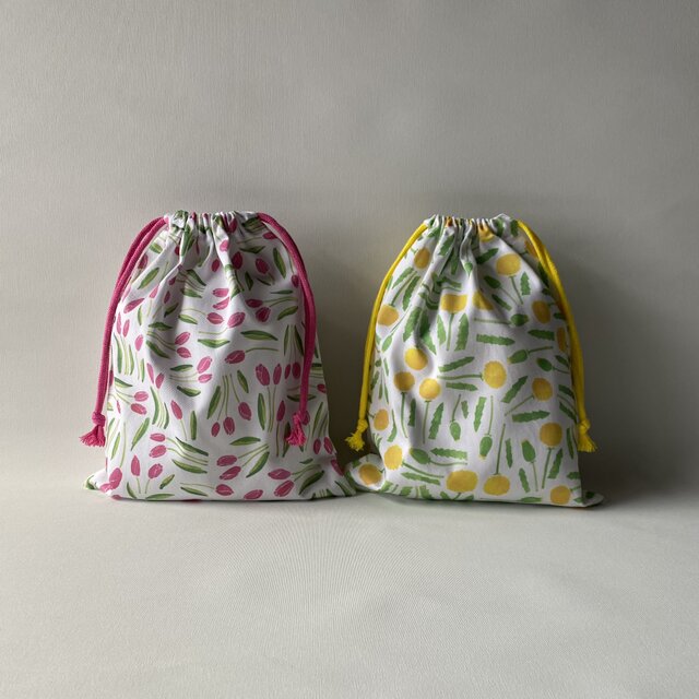 【受注製作】巾着袋（中）たんぽぽ柄、チューリップ柄
