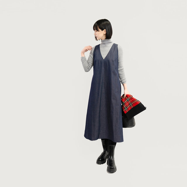 2色 岡山デニム 年間通して一枚で 前後2WAY 上質 ジャンスカワンピース 色落ちしない紺／黒 ●IV-JNOP●