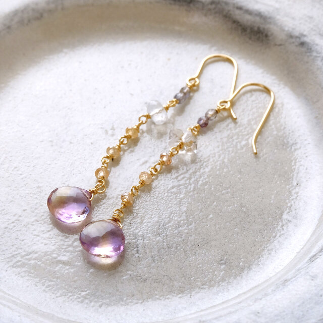 宝石質アメトリンのロングピアス（マロン）・イヤリング変更可