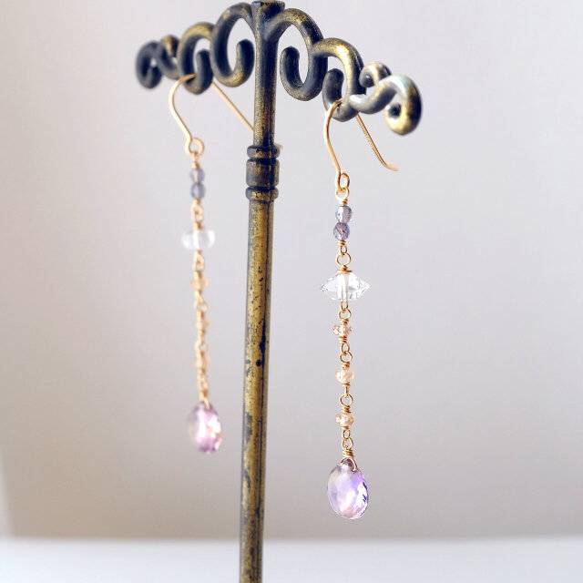☆SALE】宝石質アメトリンのロングピアス（マロン）・イヤリング変更可