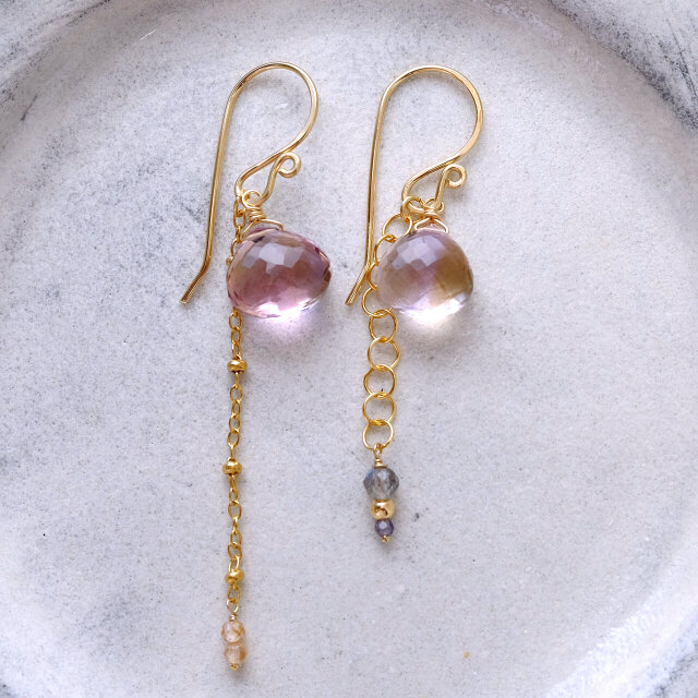 宝石質アメトリンのアシンメトリーピアス（マロン）・イヤリング変更可