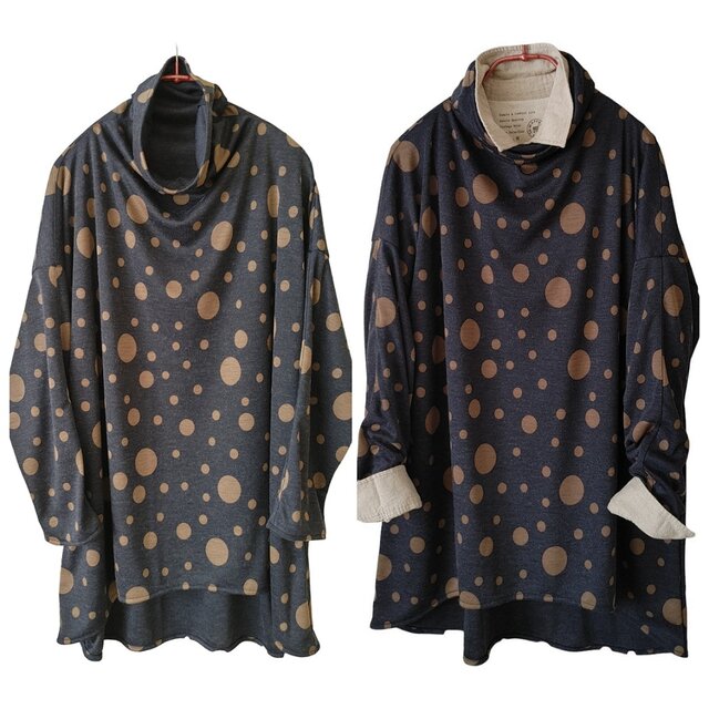 ハンドメイド　ランダムドットニット　弱ドレープハイネックプルチュニック　M～L