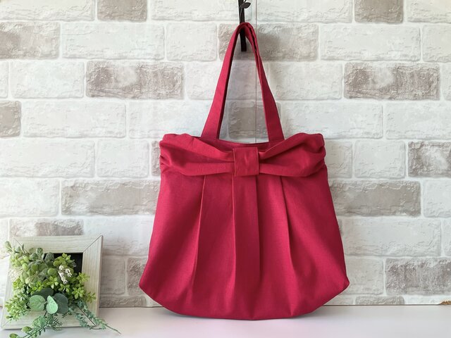 ファスナー付きMサイズ】リボンデザイン 綿麻グラニーバッグ レッド