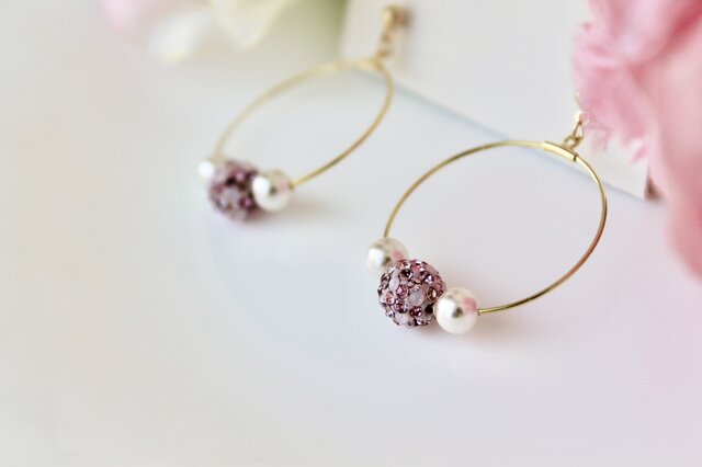 桜パヴェボール クリスタルパール ワイヤーフープピアス イヤリング 3