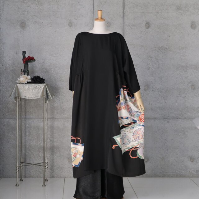 黒留チュニックワンピース フリーサイズ 着物リメイク kimono | iichi