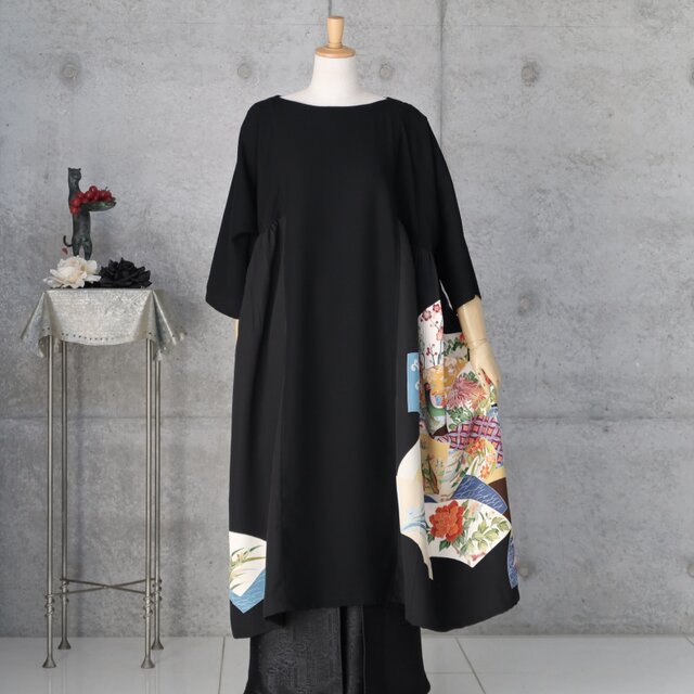 黒留チュニックワンピース フリーサイズ 着物リメイク kimono | iichi