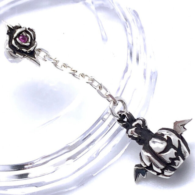 薔薇 ハロウィン ドロップピアス ルビー/シルバー925 ピアス 片耳用/セカンドピアス つけっぱなし/メンズピアス
