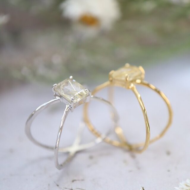 シルバーリング「ルチルクォーツ」付き 100% S925シルバーリング 14K金メッキ 天然ルチルクォーツ