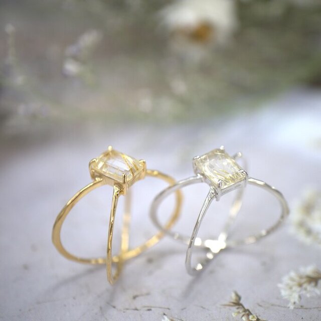 ゴールデンルチルクォーツ クロス リング】 誕生石 オクタゴンカット 7