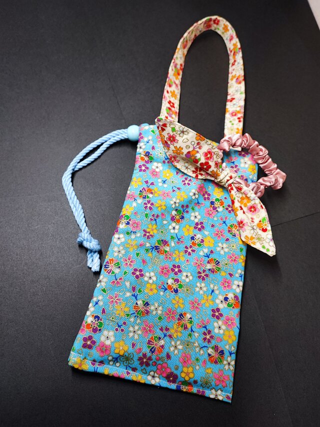 ☆送料無料☆桜柄スマホ手提げバック＆ヘアリボンセット