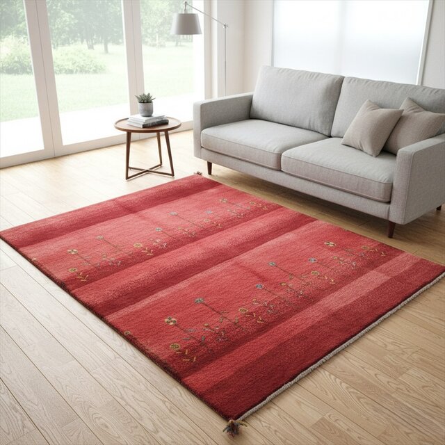 ペルシャ　ギャッベ　リビング　ラグ　195x150cm　花　茜色　桃色　RJ3613