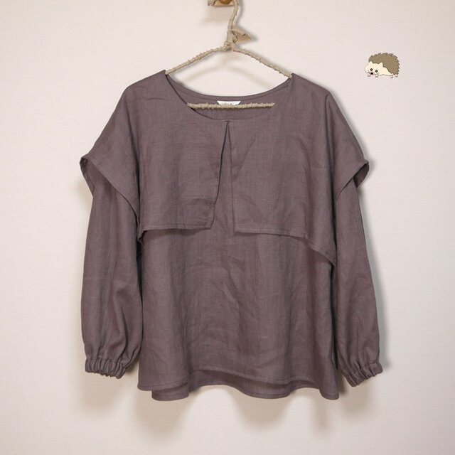 リネン◆オーバーカラーブラウス　長袖◆ブラウン◆フリーサイズ（中厚リネン100％）