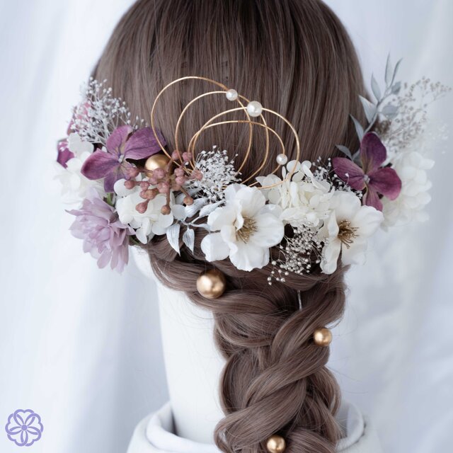 紫系フラワーと林檎の花の髪飾り 成人式 卒業式 振袖 結婚式 着物 和装