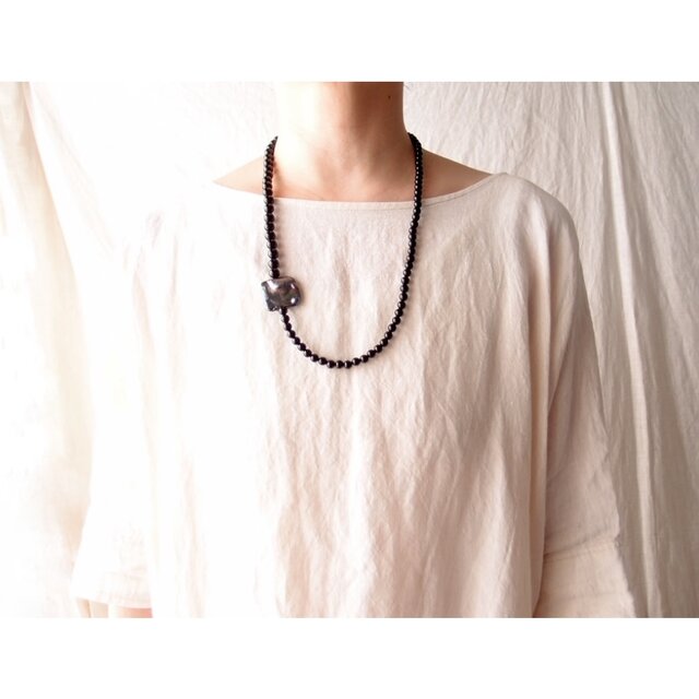 Big Square Pearl Necklace／スクエアパール×オニキス ネックレス（Black）