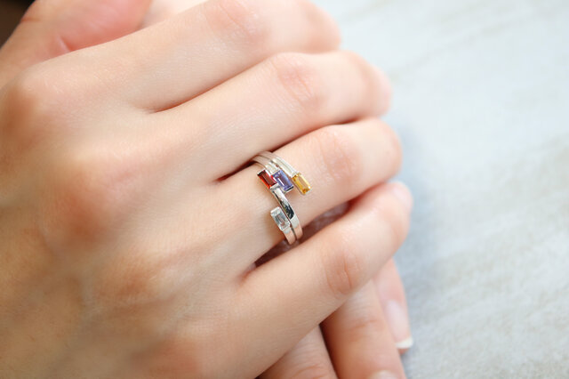 マルチカラーリング】 誕生石四角指輪 バケットカット シルバー925