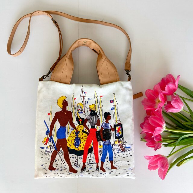 トート&ポシェット2way＊海辺の人々＊プリント＊本革コンビ