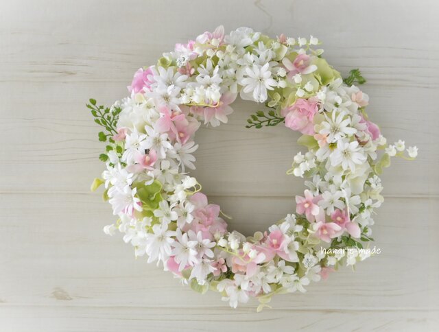 すずらんとブルーローズのフラワーリース　春夏 すずらん と ピンクのラン フラワーリース：ピンク 白 すずらん