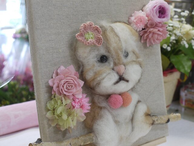 羊毛フェルト・ペット＆フラワー壁掛けスコティッシュフォールド