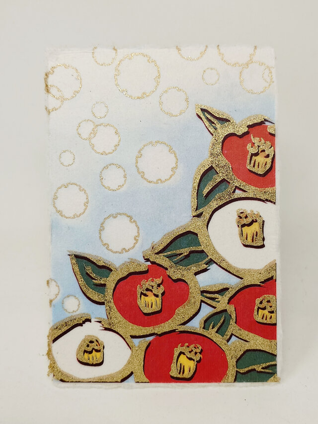 ギルディング和紙葉書　椿と雪　金