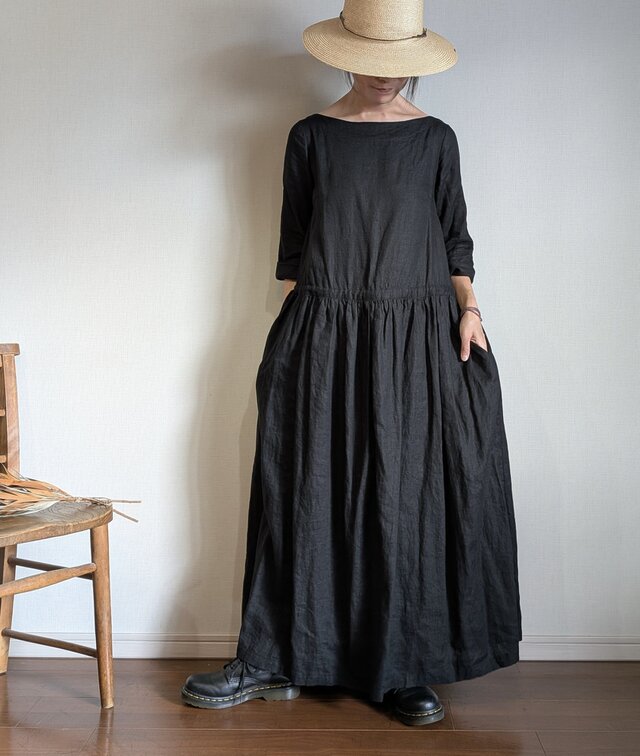 マキシ丈 リネン ギャザーワンピース_ブラック | iichi 日々の暮らしを