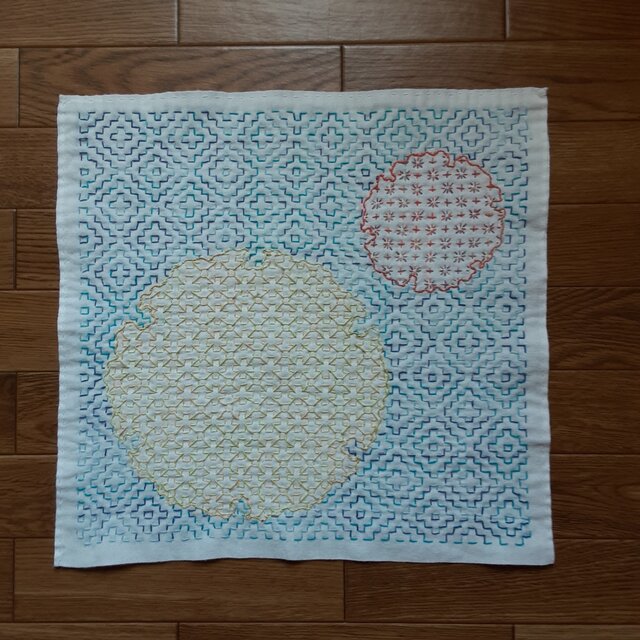 刺し子ふきん　雪輪　「一目刺し　寄せ模様」