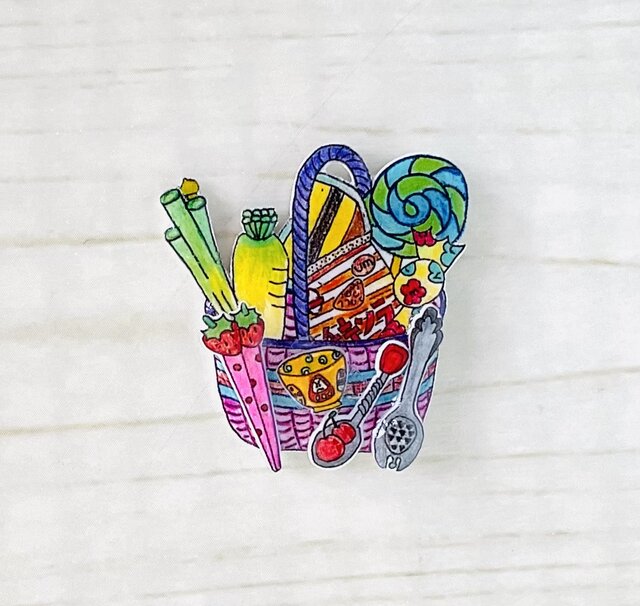 昭和レトロ ブローチ・バッジ 買い物かごと食器たち…バッグ・リュック