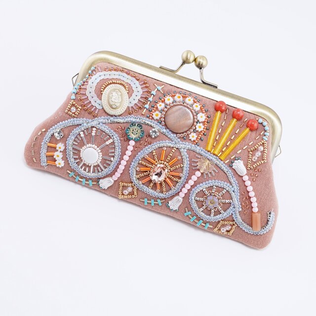 ビーズ刺繍のがま口 No.1｜オールドピンク｜ガーゼ素材｜マチなし