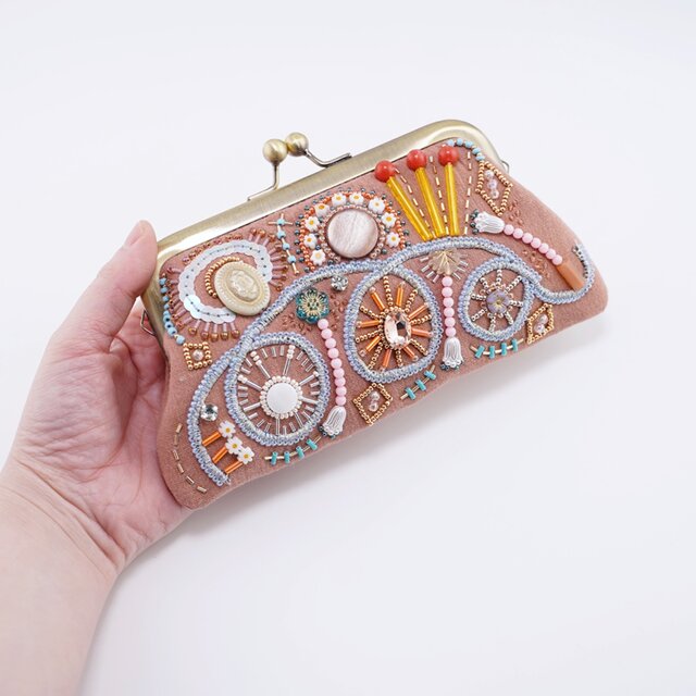 ビーズ刺繍のがま口 No.1｜オールドピンク｜ガーゼ素材｜マチなし