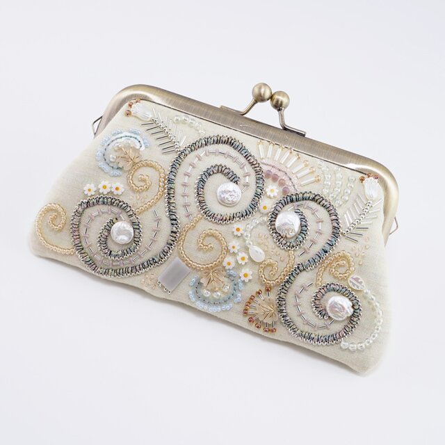 ビーズ刺繍のがま口 No.2｜レモンイエロー｜ガーゼ素材｜マチなし