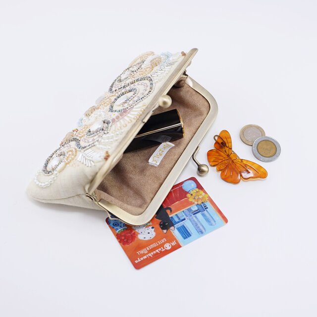 ビーズ刺繍のがま口 No.2｜レモンイエロー｜ガーゼ素材｜マチなし