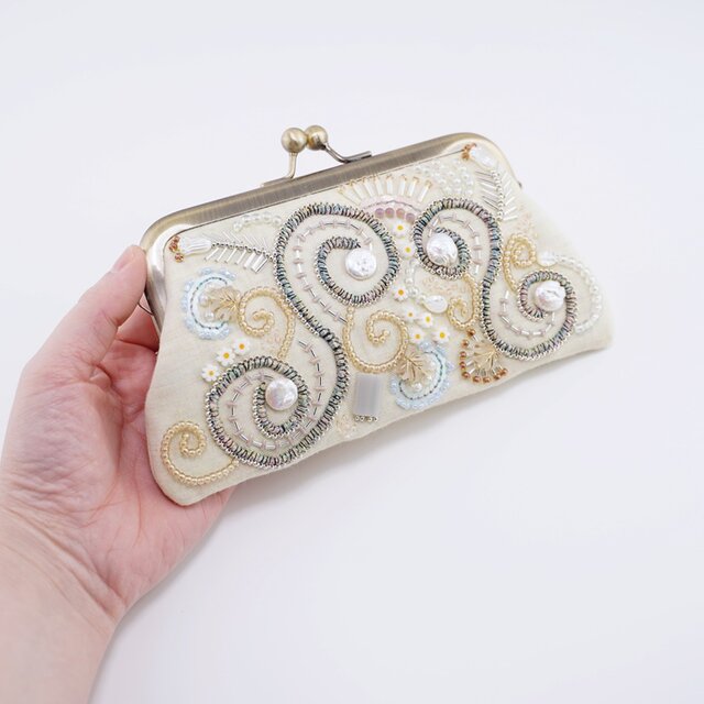 ビーズ刺繍のがま口 No.2｜レモンイエロー｜ガーゼ素材｜マチなし