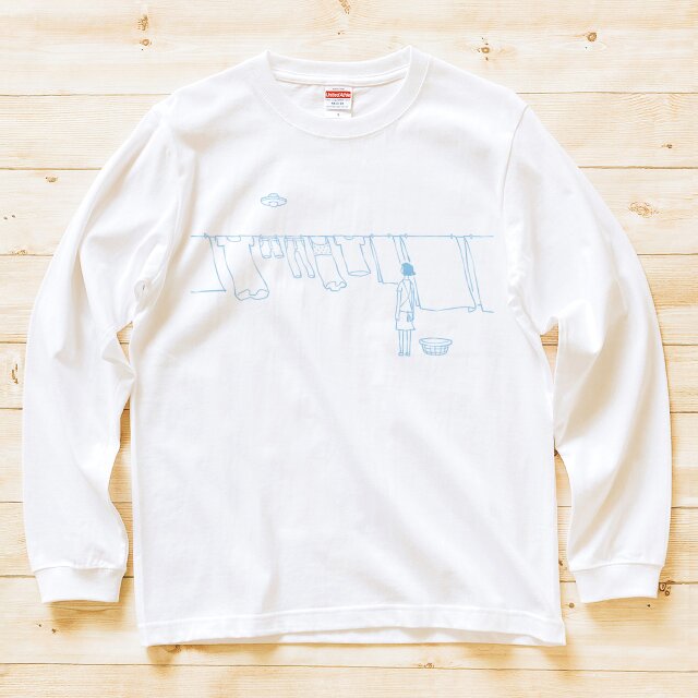 長袖 Tシャツ 『洗濯物とＵＦＯ・水色画』 男女兼用 ロンT