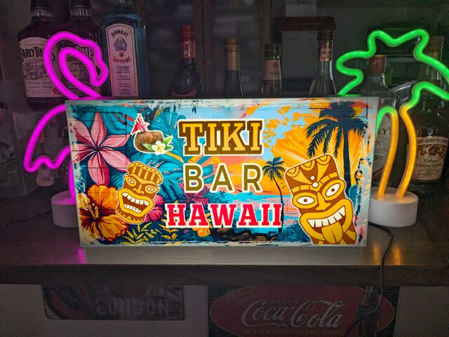 Tiki Bar 木製装飾プレートビンテージ風90.sハワイアン！ TIKI カクテル バー ハワイ ティキ像 南国 ハイビスカス ヤシの木 海