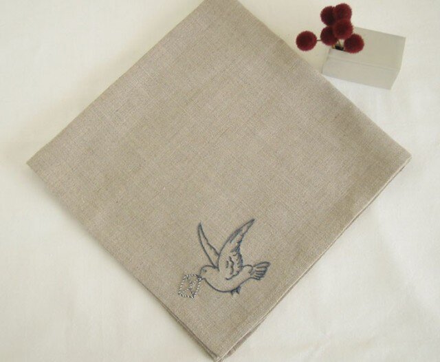 小鳥のリネンハンカチ(Flax+Blue)の画像1枚目