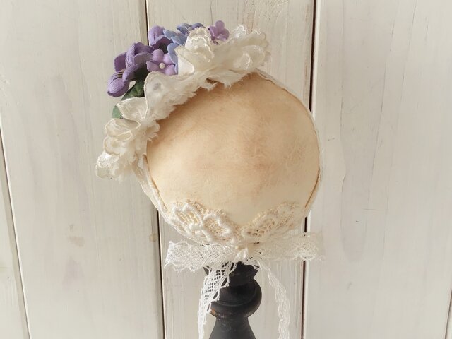ドール用レースと染め花のスモールヘッドドレス(L・すみれと