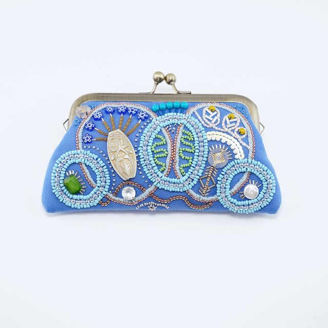 ビーズ刺繍のがま口 No.7｜ブルー｜ガーゼ素材｜マチなしポーチ