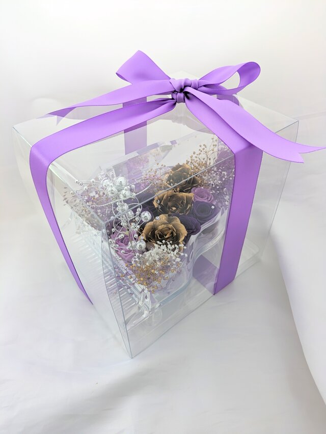 紫のバラ プリザーブドフラワー真鍮アレンジメント　ギフトケース入り 紫のバラ プリザーブドフラワー真鍮アレンジメント ギフトケース入り